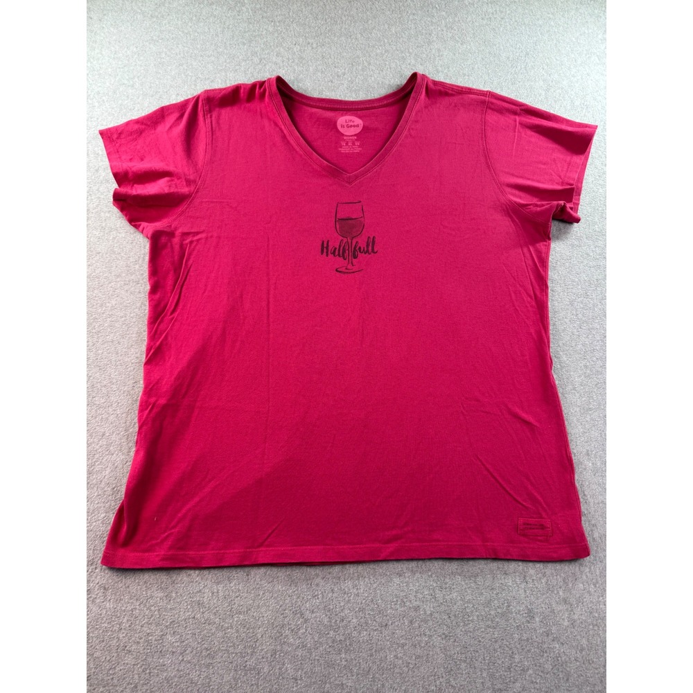 Life is Good Womens XL Pink Half Full Wine Glass Graphic V-Neck T-Shirt Classic